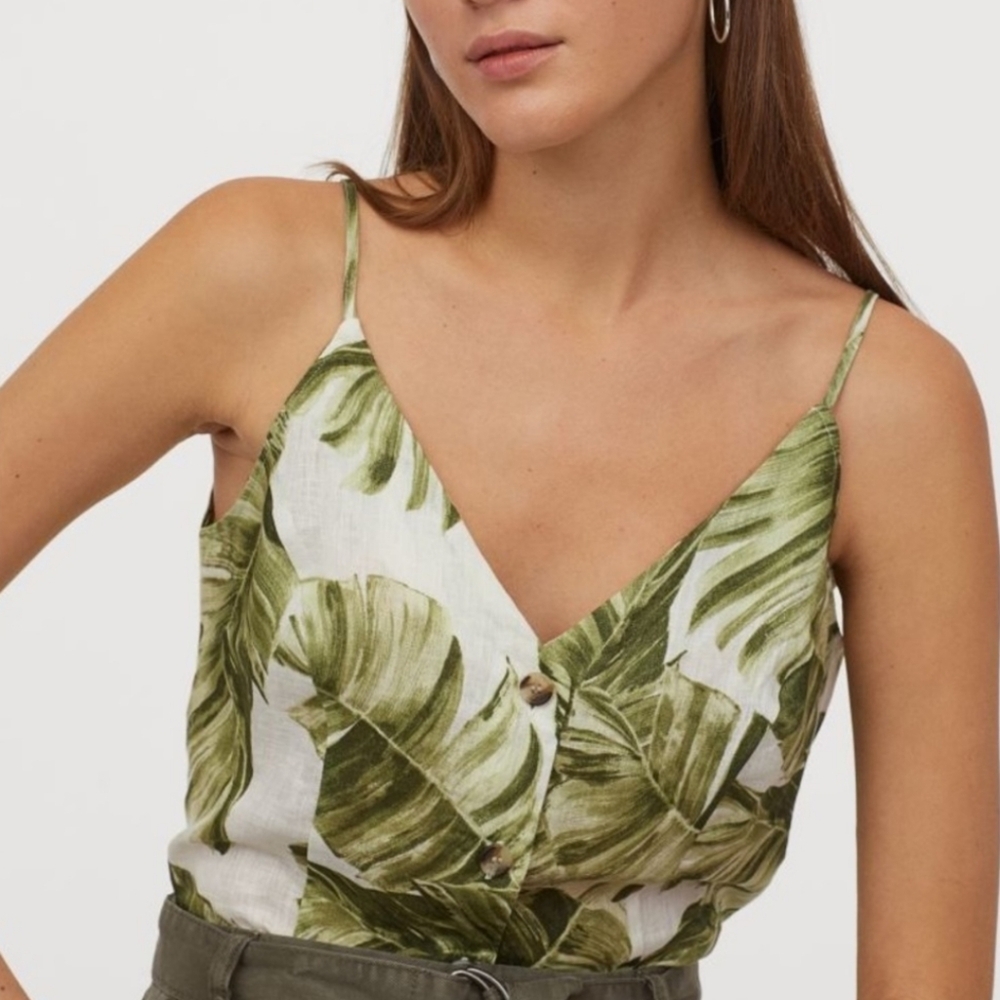 NEW 100% Linen H&M Banana Leaf Print Button Tank Top Size Medium